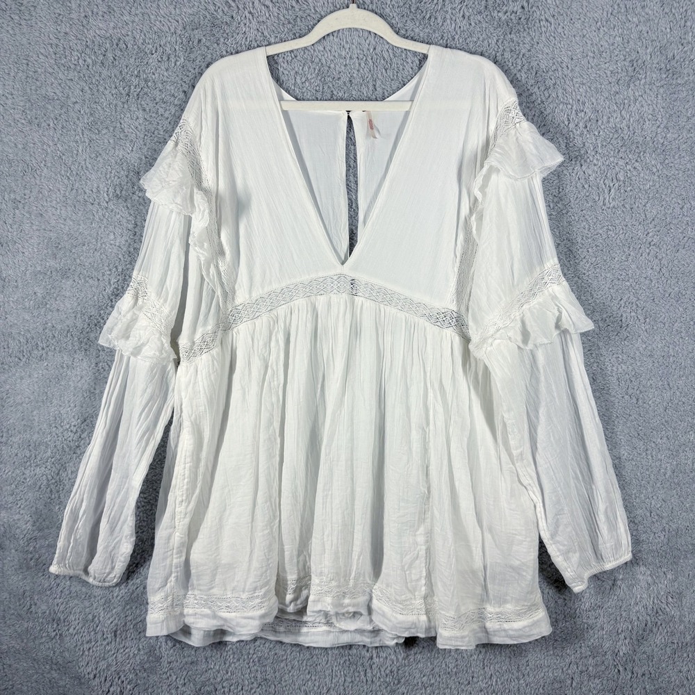 Free People Seashell Skort Romper Size L White Gauze Lace Trim Ruffle Long Slv - Picture 2 of 10